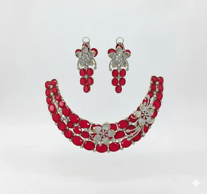 Red Stone Studded Floral Design Silver Polish Necklace Set with Earrings