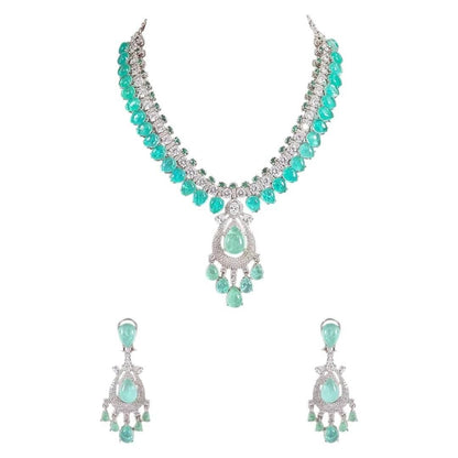 Elegant Silver-Toned Green Stone Necklace Set with Matching Earrings for Women - Auraa Trends