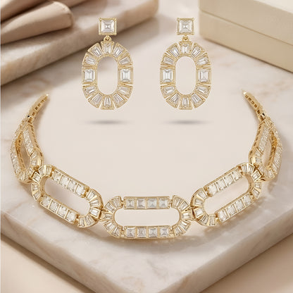Gold-Plated Geometric Crystal Statement Necklace Set with Matching Earrings for Women