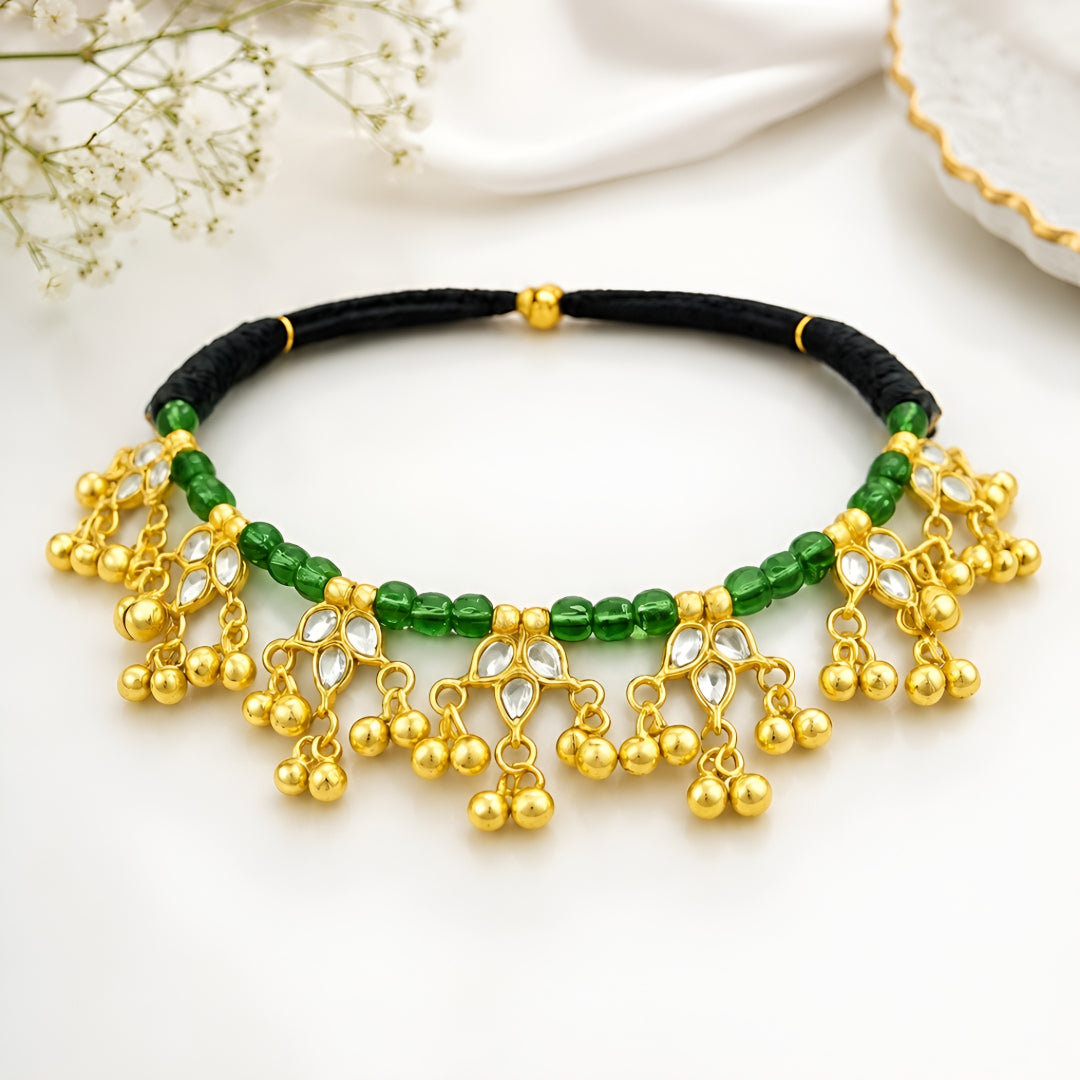 Traditional Gold-Plated Green Beaded Kundan Choker Necklace for Women