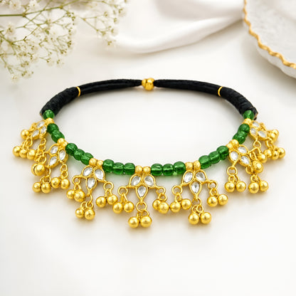 Traditional Gold-Plated Green Beaded Kundan Choker Necklace for Women