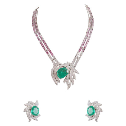 Emerald and diamond leaf design necklace and earrings set with ruby-pink accents on silver base – luxury women’s jewelry set