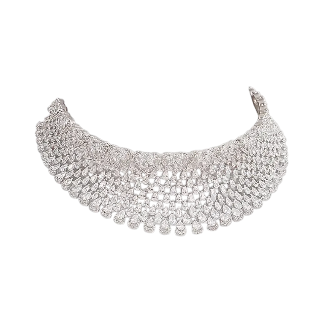 Elegant Diamond Look Silver Choker Necklace Set with Earrings - Auraa Trends