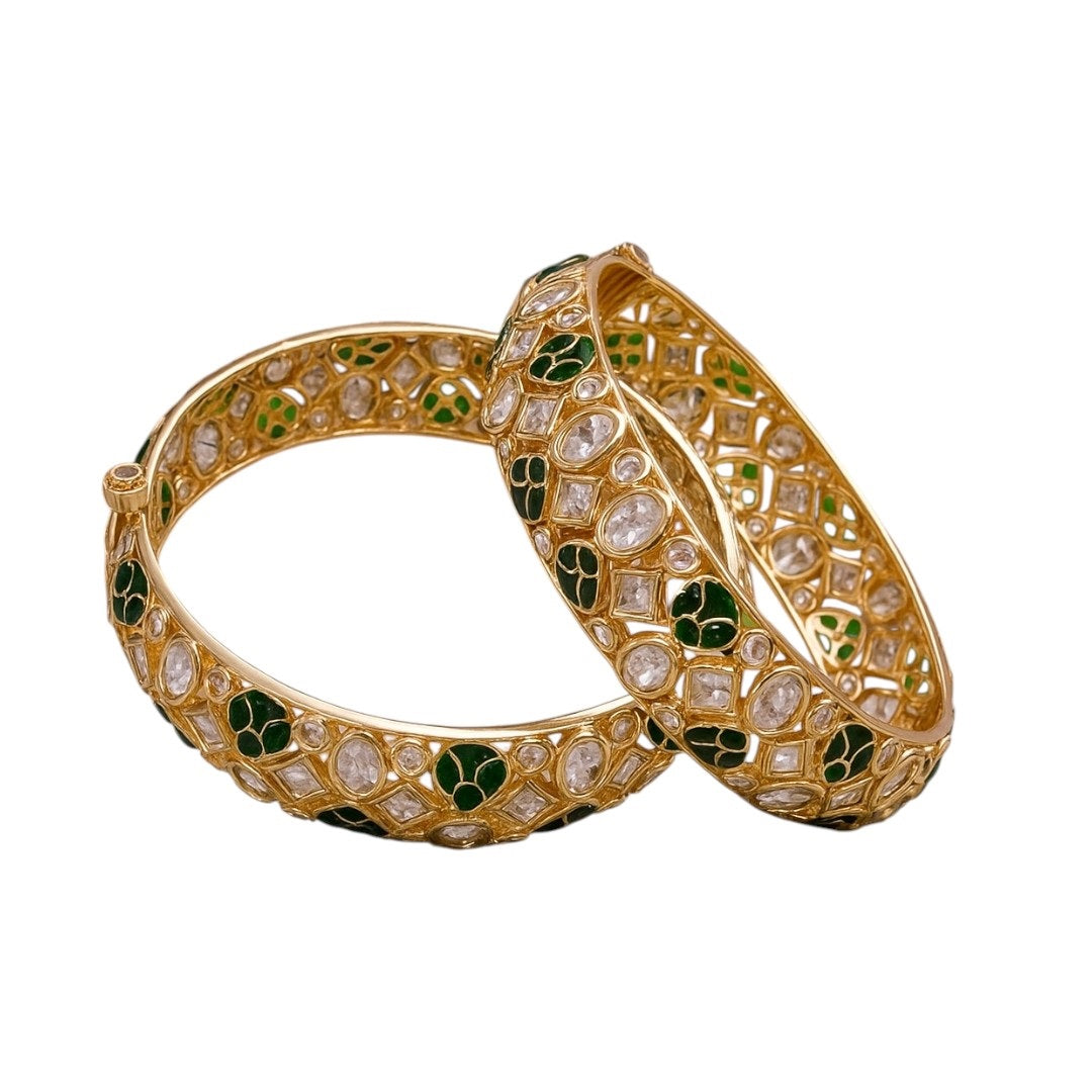 Gold-Plated Green Meenakari Kundan Bangles for Women