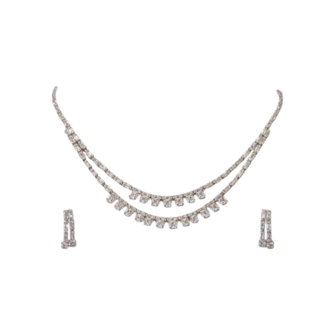 Elegant American Diamond Necklace and Earrings Set Displayed on Red Velvet Stand