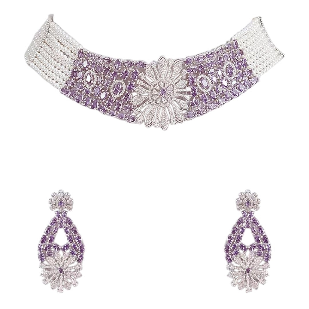 “Elegant purple stone and pearl floral choker necklace set with matching earrings for women”