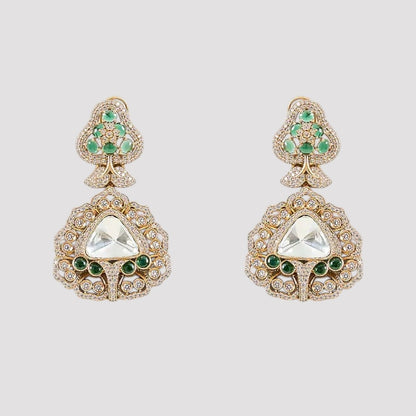 "Green Kundan and Polki bridal necklace set with matching earrings featuring gold-toned detailing and intricate craftsmanship."