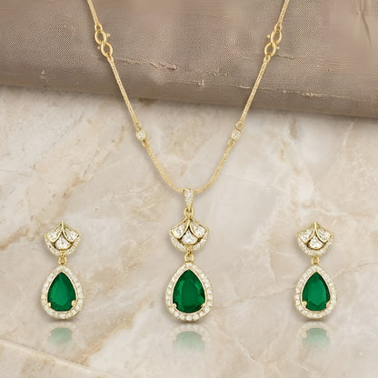 Gold-Plated Emerald Green Teardrop Crystal Pendant Necklace Set with Matching Earrings for Women