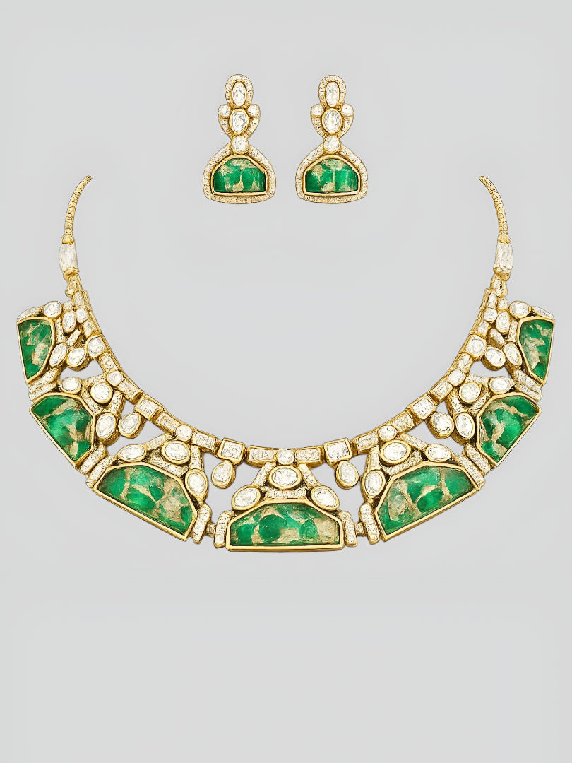Green stone kundan choker necklace set with matching earrings