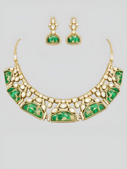 Green stone kundan choker necklace set with matching earrings