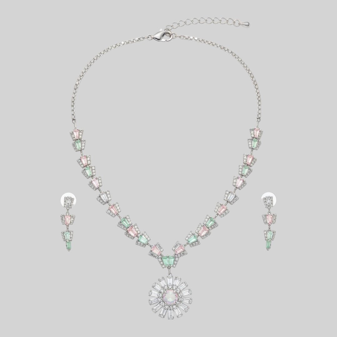 ALT Text:

"Elegant diamond necklace and earrings set with sparkling diamonds in a luxurious design – perfect for weddings and special occasions.