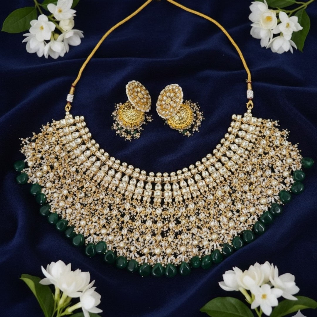 Royal Kundan Pearl & Green Bead Bridal Necklace Set with Jhumka Earrings