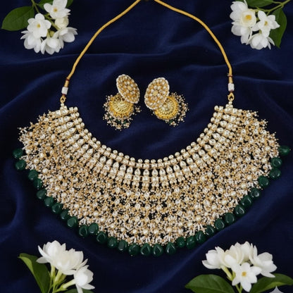 Royal Kundan Pearl & Green Bead Bridal Necklace Set with Jhumka Earrings
