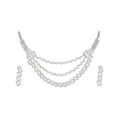 Elegant Layered Diamond Look Choker Necklace Set with Earrings – Silver Crystal Finish