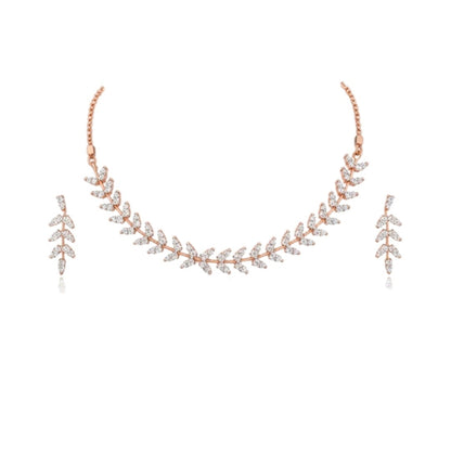 "Gold-plated leaf design choker necklace set with matching earrings displayed on black stand"