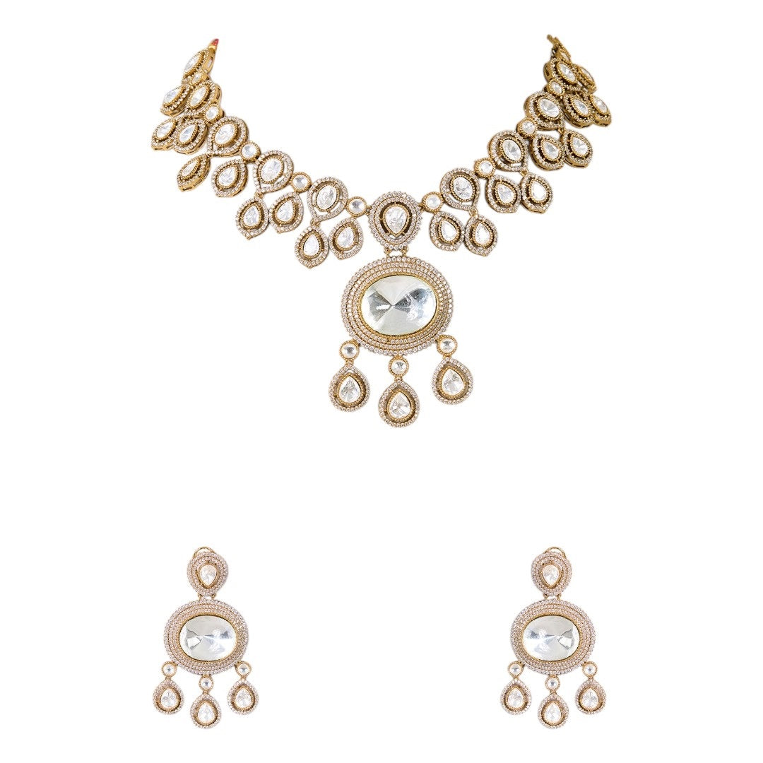 Gold-Toned Kundan Polki Bridal Necklace Set with Matching Earrings