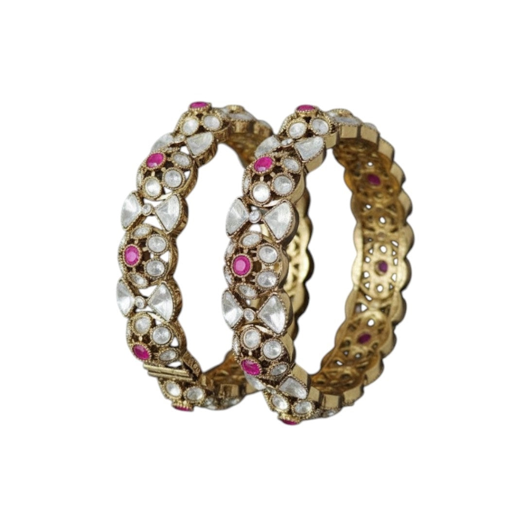 Royal Kundan and ruby gold-plated bangles with white stones – traditional bridal kada set for women