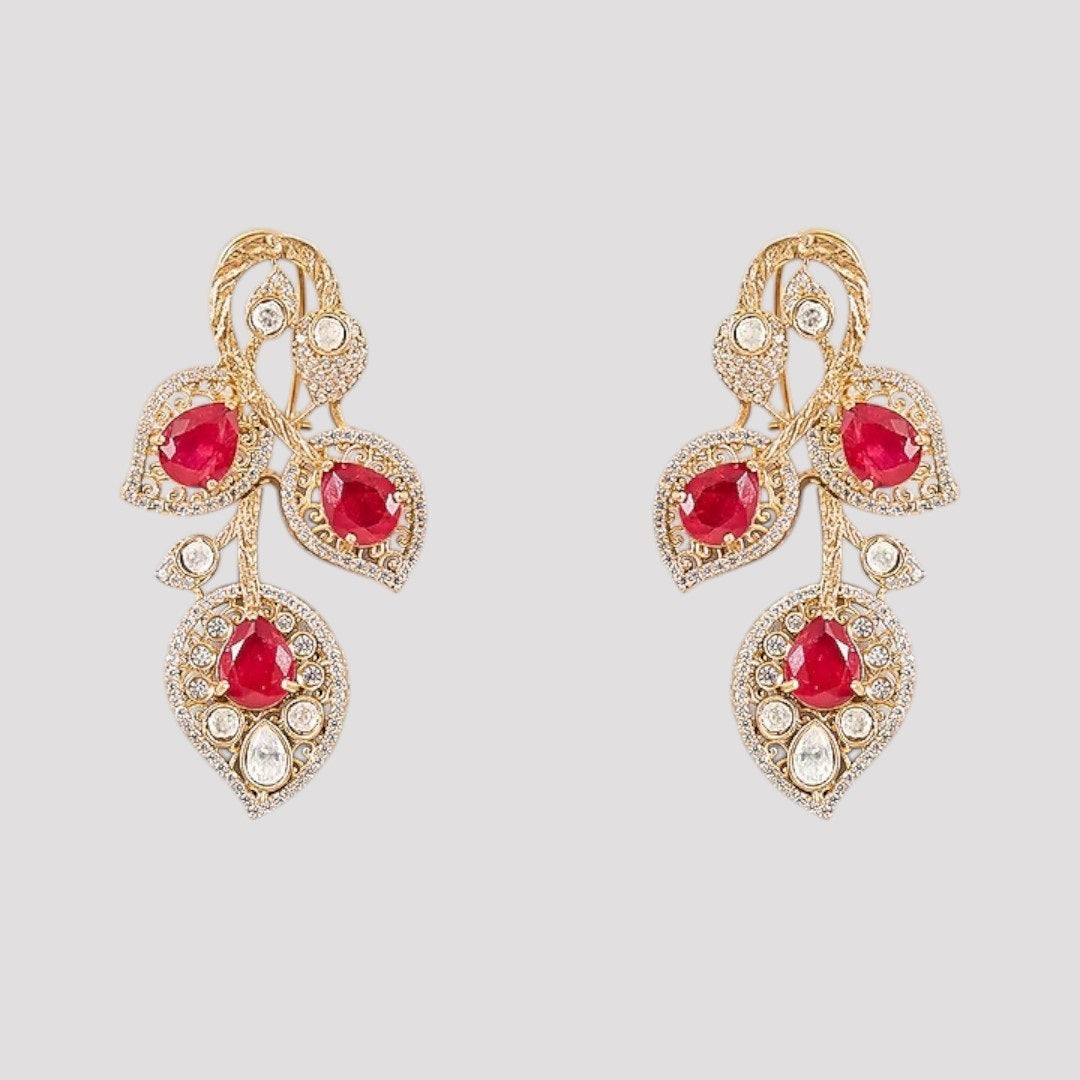 Elegant red and white stone necklace set with matching earrings, featuring a leaf-inspired design.