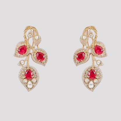 Elegant red and white stone necklace set with matching earrings, featuring a leaf-inspired design.