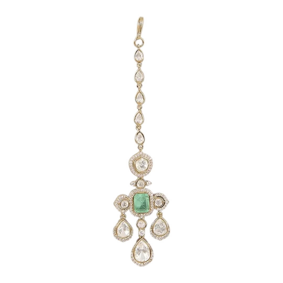 Gold-Plated Kundan Maang Tikka with Emerald Center & Pear-Shaped Stones