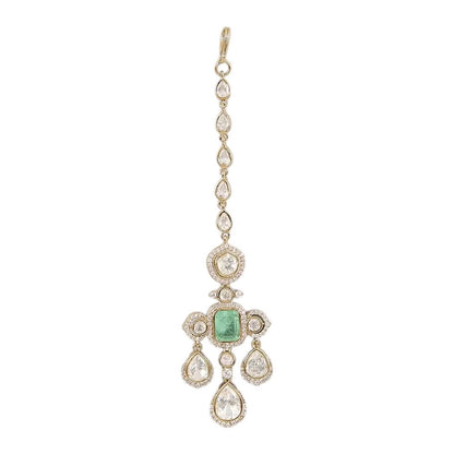 Gold-Plated Kundan Maang Tikka with Emerald Center & Pear-Shaped Stones