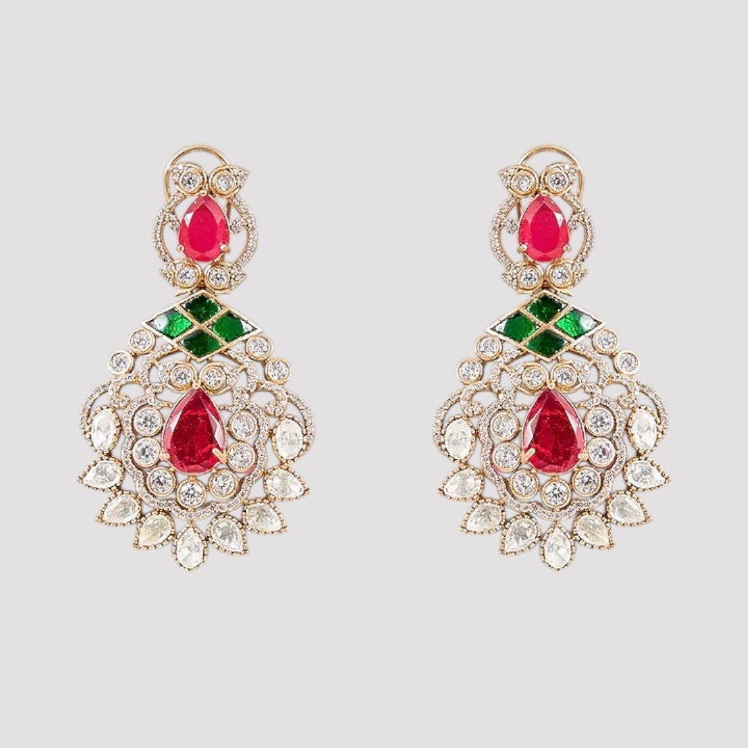 “Traditional bridal necklace set with ruby drops and green detailing for women”