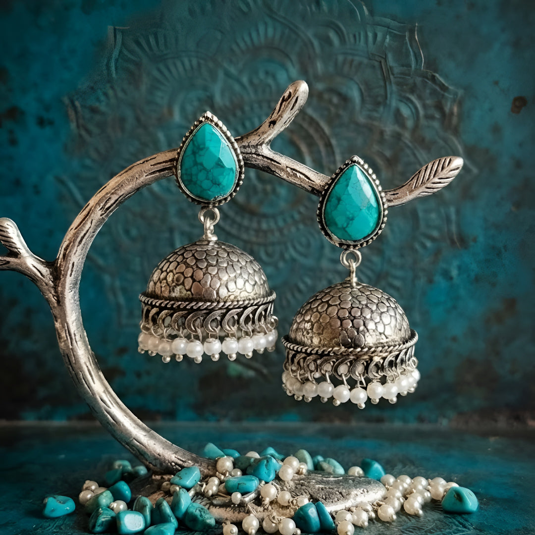 Turquoise Stone Oxidised Silver Jhumka Earrings for Women