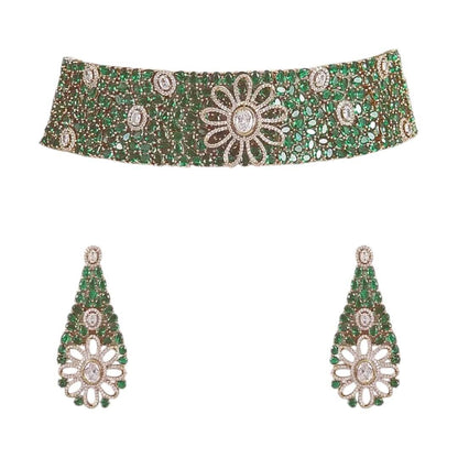Green Kundan & CZ Stone Floral Choker Necklace Set for Women