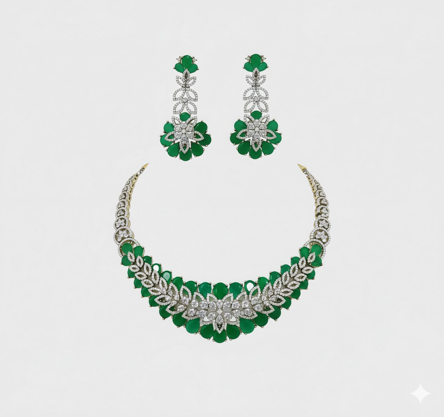Green Stone Studded Floral Silver Polish Necklace Set with Earrings