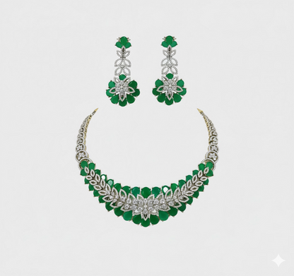 Green Stone Studded Floral Silver Polish Necklace Set with Earrings