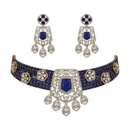 "Royal Blue Beaded Kundan Choker Necklace Set with Earrings – Traditional Indian Bridal Jewelry"