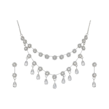 Elegant floral necklace set with matching earrings, silver-plated with crystal details.