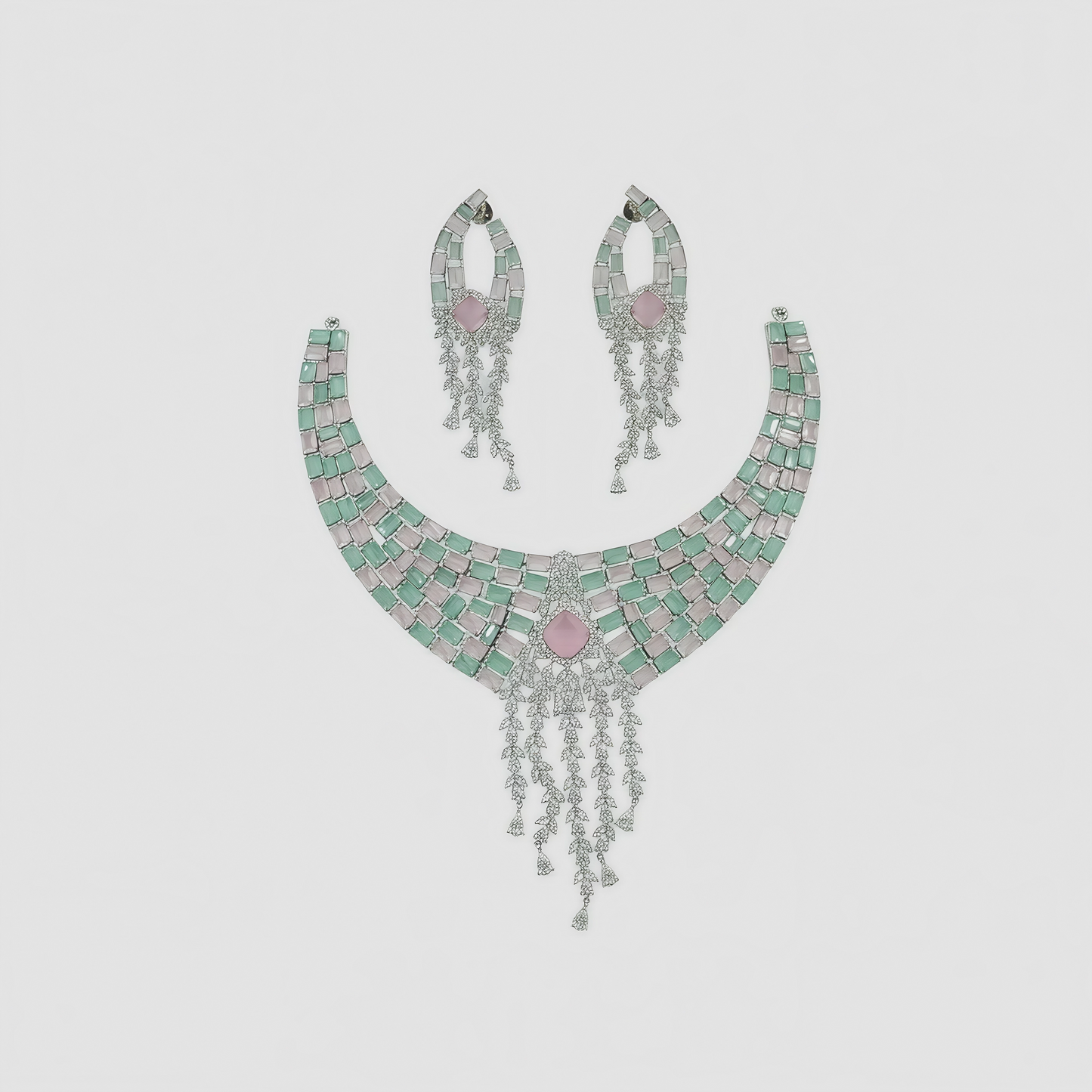 Pastel Green & Pink Stone Studded Silver Polish Choker Necklace Set with Earrings