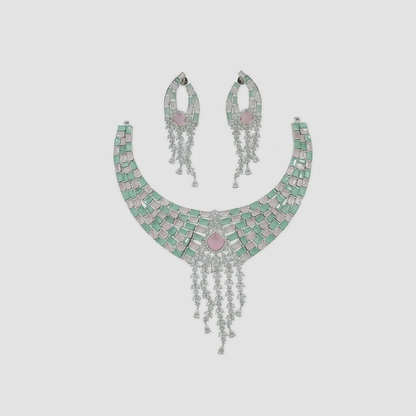 Pastel Green & Pink Stone Studded Silver Polish Choker Necklace Set with Earrings