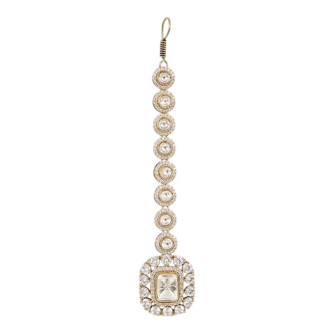 Gold-Plated Kundan Maang Tikka with Round Stone Detailing for Women