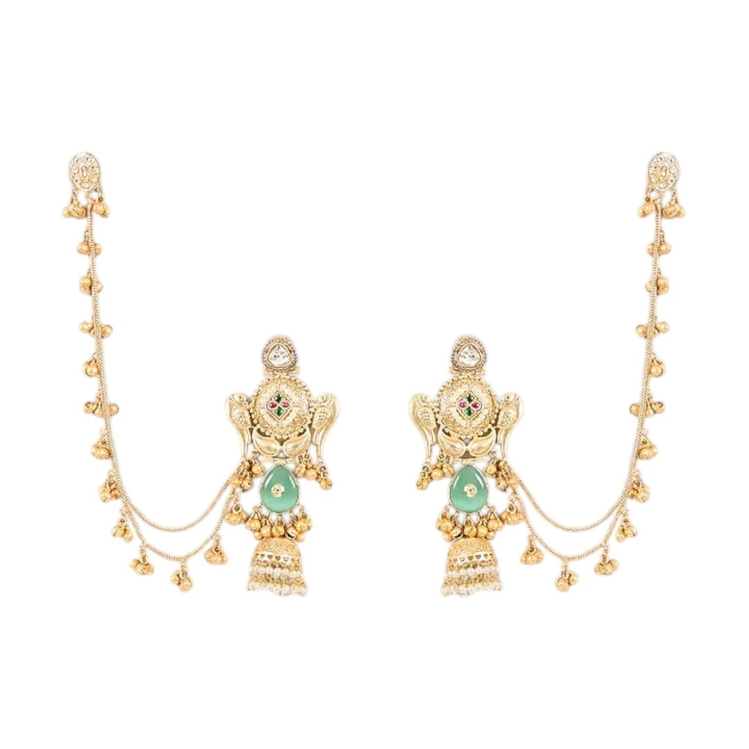 "Pair of gold-plated temple-style earrings featuring Goddess Lakshmi, mint-green stone accents, kundan details, pearl drops, and attached decorative ear chains with golden ghungroo charms."
