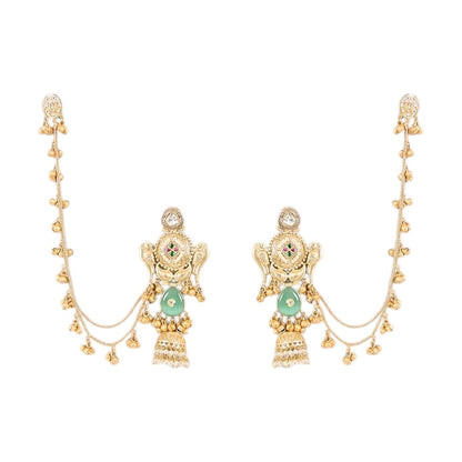 "Pair of gold-plated temple-style earrings featuring Goddess Lakshmi, mint-green stone accents, kundan details, pearl drops, and attached decorative ear chains with golden ghungroo charms."