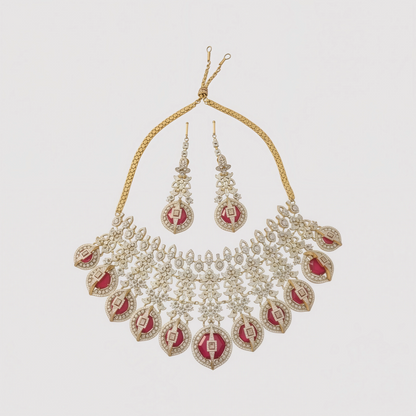 Gold Plated Red Stone Studded Bridal Necklace Set with Earrings