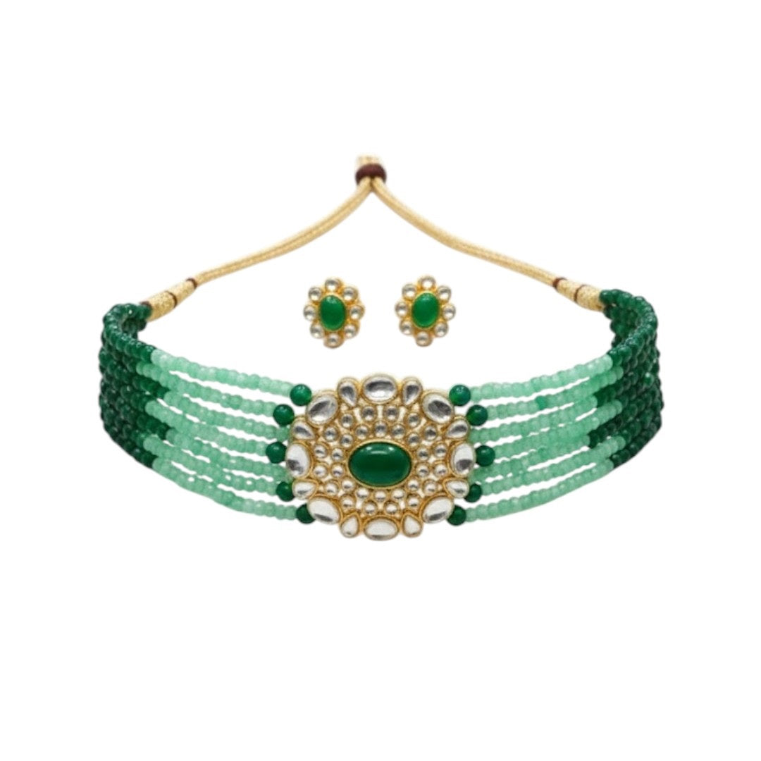 Green Beaded Kundan Choker Necklace Set with Matching Stud Earrings for Women