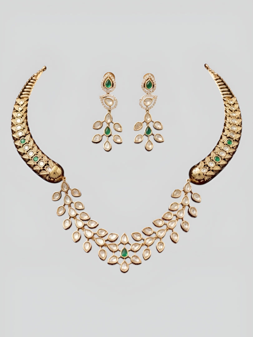 Elegant Kundan Polki Necklace Set with Green Stones & Pearl Tassel – Bridal Traditional Jewellery