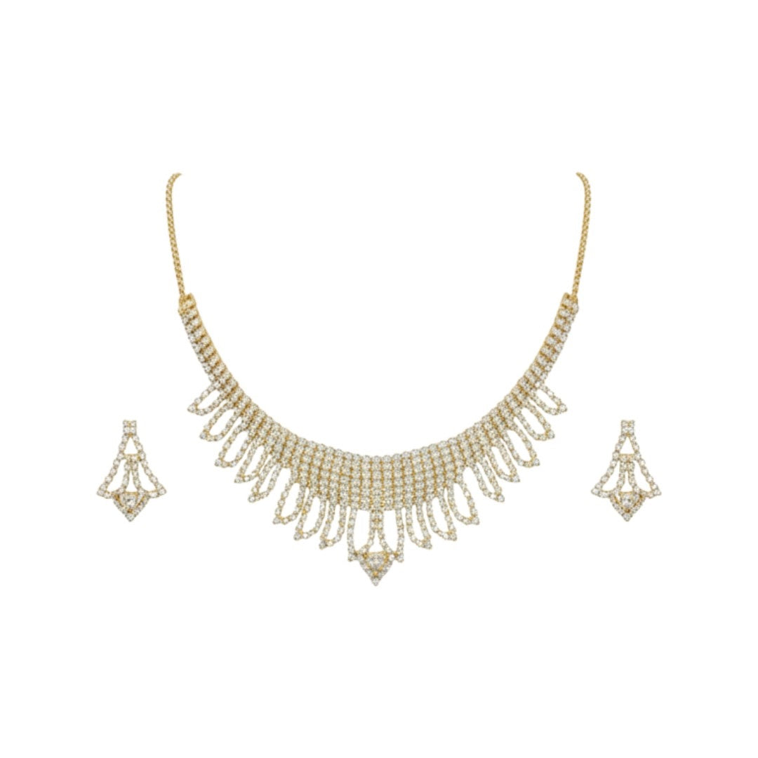 Elegant diamond-look necklace set with matching earrings on red display stand