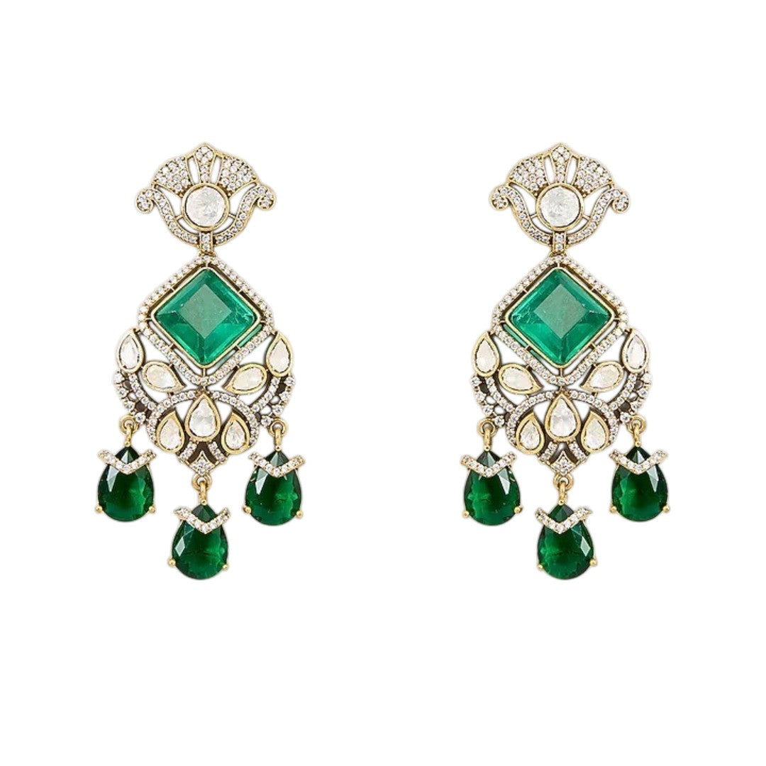 "Antique gold Kundan necklace with square-cut emerald pendant and teardrop drops, matching drop earrings"