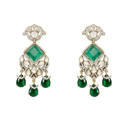 "Antique gold Kundan necklace with square-cut emerald pendant and teardrop drops, matching drop earrings"