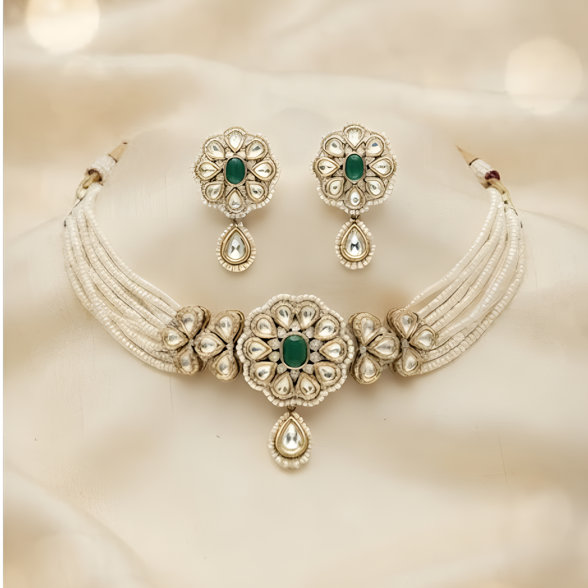Gold-plated multi-strand pearl choker necklace set with emerald green floral kundan medallion, teardrop pendant and matching stud earrings
