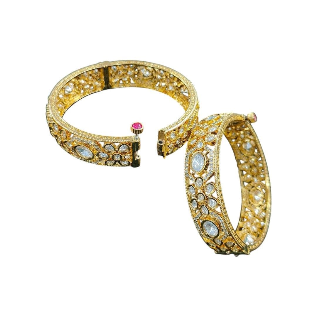 Carat Polish Gold - Plated Openable Stone Studded Bangles for Women - Auraa Trends - Bangles -  - Auraa Trends - Carat polish gold - plated openable stone - studded bangles with intricate floral design – traditional bridal and festive jewelry"