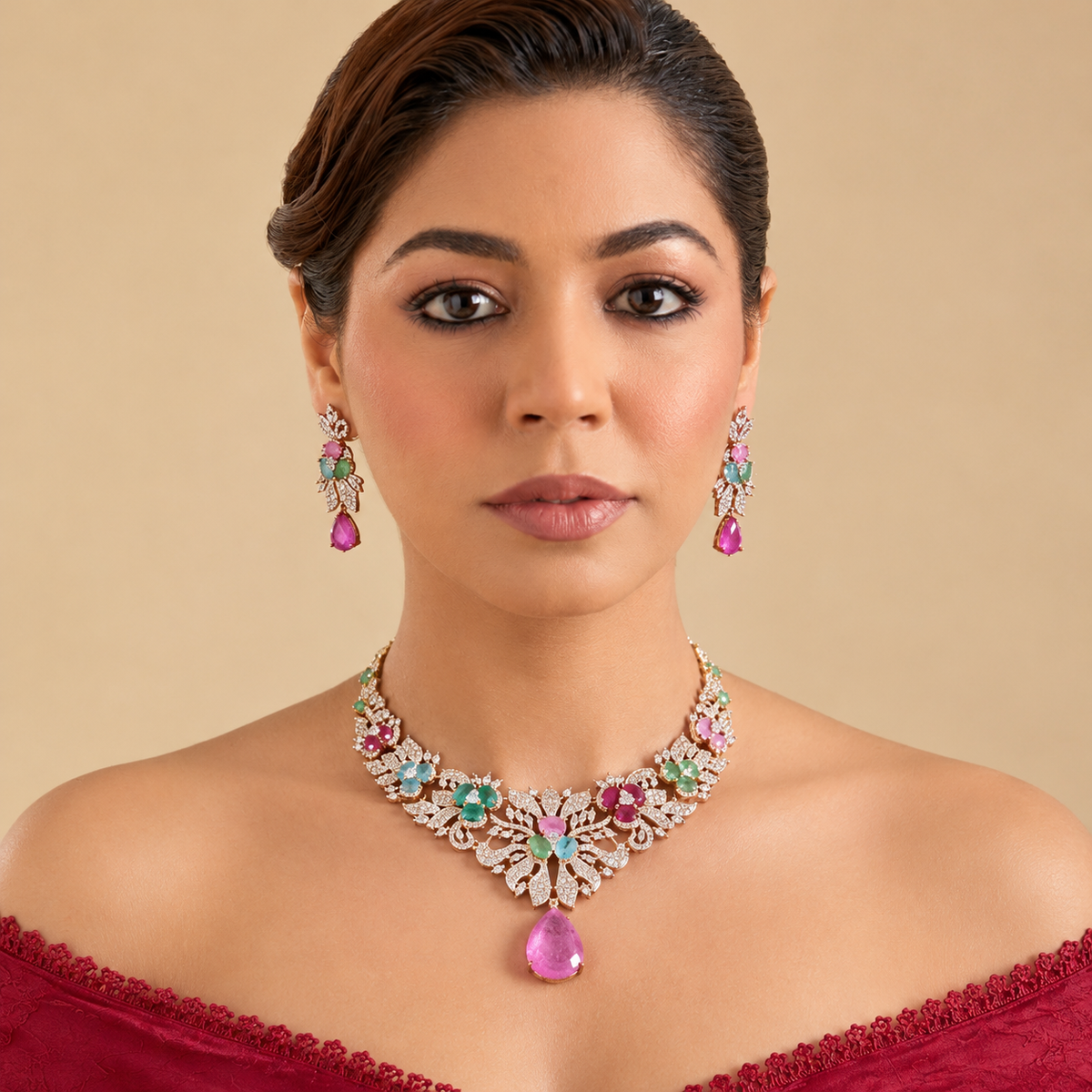 Rose gold plated American diamond necklace set with multicolour pastel flower stones, pink teardrop pendant and matching earrings