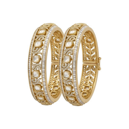 Pair of gold-finish openable kada bangles with polki-style clear square stones, Victorian-style scrollwork, and baguette-cut American diamond edges