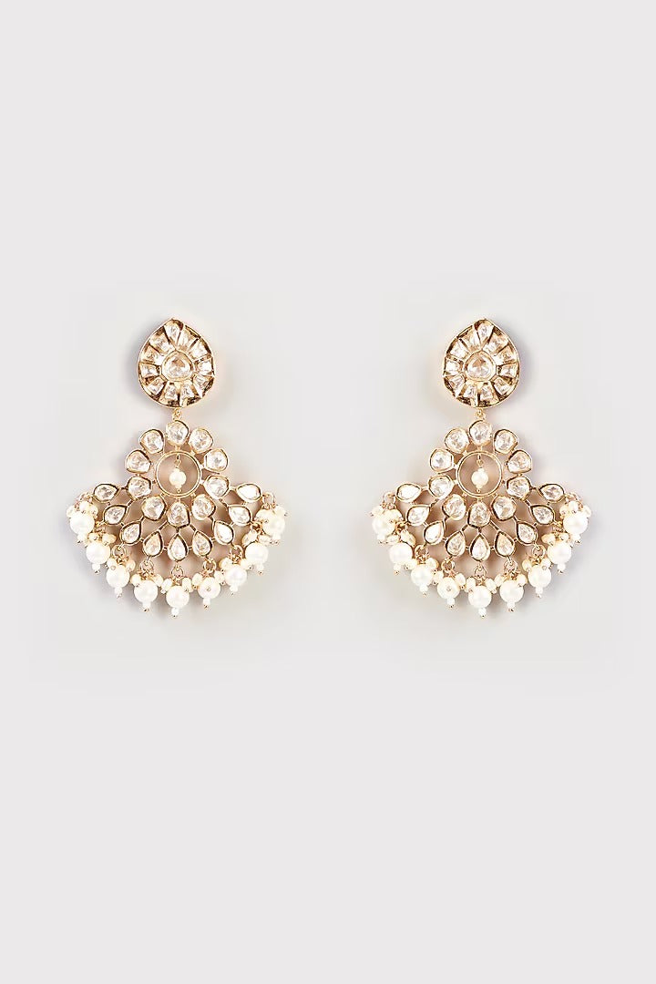 Gold-tone polki kundan choker necklace with teardrop medallions and pearl drops, shown with matching chandelier earrings