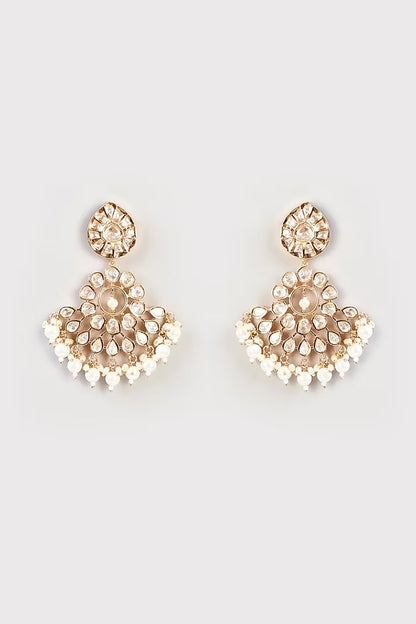 Gold-tone polki kundan choker necklace with teardrop medallions and pearl drops, shown with matching chandelier earrings