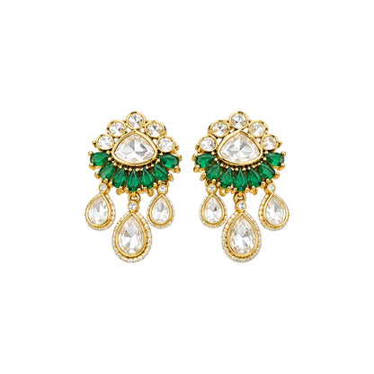 Green kundan pearl choker necklace set with floral centre pendant, kundan teardrop drops and matching floral earrings on a grey display bust